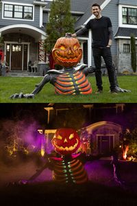 This massive skeletal pumpkin monster looks as if it's climbing up out of the front lawn (or pumpkin patch) and eerily glows in the dark under a black light. 🎃