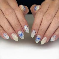 These nails feature a delicate milky white base with charming blue bows and polka dots, reminiscent of a breezy summer day.  🌸Click on the image to shop our trending Korean Gel Polish this season.  🌸Credit: bybrooklynn on Instagram 🌸summer nails, bow nails, polka dot nails, white nails, Korean gel polish, trendy nails, summer manicure, nail art, cute nails, elegant nails, summer nail trends, nail fashion, stylish nails, summer nail inspiration, gel polish nails, summer nail art, Korean nail trends, blue and white nails, summer nail ideas, nail designs 2024.