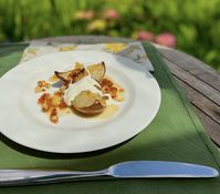 Glazed Roasted Pears with Shortbread Pecan Brittle and Crème Fraiche | Sara Moulton