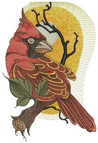 Northern cardinal and sunset machine embroidery design #wild #leaf #treebranch #sun #sunset #beige  #Northerncardinal #redbird #midsized #songbird  #NorthAmerican #common #cardinal #embroiderydesign