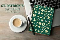 Simple Saint Patrick's Day Irish elements pattern made with four leaf clover shamrock. top hat pipe horseshoe heart and other silhouettes over dark green background #stpatricksday #stpatricksdaypattern #stpatricks #shamrock #cover #wallpaper #background