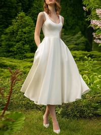 Hall Little White Dresses Wedding Dresses A-Line Scoop Neck Sleeveless Tea Length Satin Bridal Gowns With Pleats Solid Color 2023 Summer Wedding Party, Women's Clothing 2023 - US $107.99