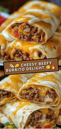 Savor these cheesy beefy burritos packed with seasoned ground beef, gooey cheese, and topped with salsa—perfect for any meal!  Ingredients:  1 lb ground beef 1 cup cooked rice 1 cup shredded cheddar cheese 4 large flour tortillas Loaded with flavorful beef, melty cheese, and a kick of salsa, these burritos are a comforting and delicious choice for lunch or dinner!