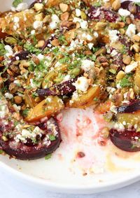 Roasted Beet Salad with Orange Tahini Dressing is a wonderful side that will go well with any type of meat or fish, or tossed over some arugula or baby spinach, it’s a satisfying meal in itself. It can be used with all red beets but I like to mix red and gold beets for a nice visual effect. The addition of chopped pistachios, feta cheese, mint and tahini-based dressing makes for a memorable salad that can be served warm or cold.