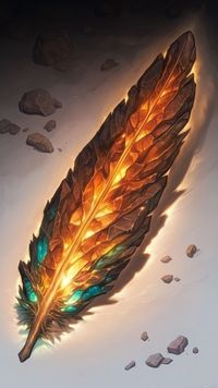 A slender feather glimmers with bands of molten gold that shine through translucent crystal segments, capturing an ethereal enchanted feather artifact spirit. Veins of teal and amber run beneath the shimmering surface, suggesting mystical origins. The quill’s edges appear sharpened, reflecting fantasy magic crystal iridescence as light refracts into prismatic hues. Delicate cracks trace its length like living pathways of energy, merging organic grace with gemlike allure. Warm luminescence pours from within, revealing an illuminated crystal feather design that feels fragile yet unexpectedly potent. Wisps of pale dust swirl around the glinting form, drawing the eye toward a subtle play of color that echoes crystalline feather fantasy art influences, bridging nature and sorcery in one radiant