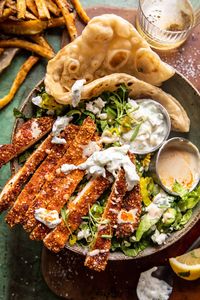 Sesame Chicken Schnitzel Bowls with Feta Tzatziki