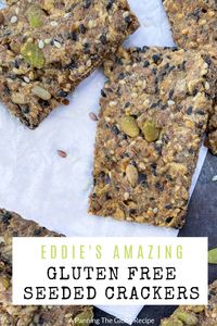 These healthy, delicious, gluten free seeded crackers couldn't be easier to make. Mix up all the ingredients; spread on baking trays, bake for ten minutes, slice with a pizza cutter, bake until crisp. These are great for snacking or as an app with dips and toppings. #HomemadeHealthy #HealthyCrackers #GlutenFree #SeededCrackers