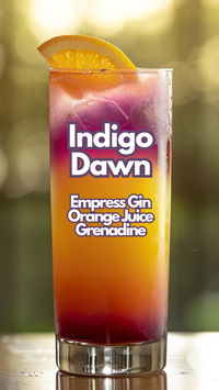 The Indigo Dawn is a stunning layered cocktail featuring Empress Gin’s unique indigo hue, orange juice, and a splash of grenadine. This refreshing drink captivates with its visual appeal and delicious blend of sweet and citrus flavors. #indigodawn #empressgincocktails