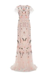 Pink floral embroidered tiered maxi dress by NEEDLE & THREAD for Preorder on Moda Operandi