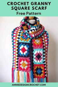 This riot of colour is my Crochet Granny Square Scarf and it is an easy free crochet pattern. If you love making granny squares, you will enjoy this fun retro crochet scarf that is the perfect finishing touch for any winter outfit.