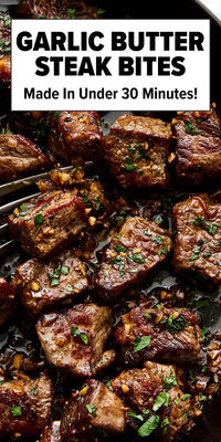 These garlic butter steak bites are the perfect quick and easy dinner idea that tastes incredible! Tender, bite-sized pieces of steak are seared until golden, then tossed in melted butter infused with shallots, garlic, and fresh herbs. You can use ribeye steak, sirloin steak, or filet mignon, the choice is yours! And once you're done, serve them over mashed potatoes or polenta, toss them into a steak salad, and so much more. Save this Downshiftology steak recipe for your next meal plan!