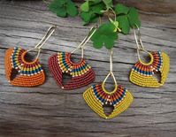 Handcrafted macrame earrings made with C-Lon thread 0,5 mm - aurum (yellow), light copper (orange), sienna and teal colours, MIYUKI seed beads - galvanized gold, 24K gold plated copper earwires, tiny brass drop. You can find these earrings in many other colors: RASPBERRY: