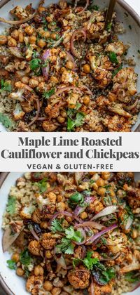 Roasted Cauliflower and Chickpeas tossed together with maple lime marinated onions. A great nutrient packed sheet pan meal easy to make during the work week.