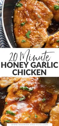 This 20-minute honey garlic chicken skillet has tender, seasoned chicken breasts with an easy-to-make glaze that manages to be sticky and smooth, sweet and savory all at once.