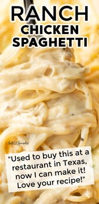 This cheesy, unbelievably savory ranch chicken spaghetti recipe is a favorite for pasta night! It uses pantry ingredients for a comforting meal.