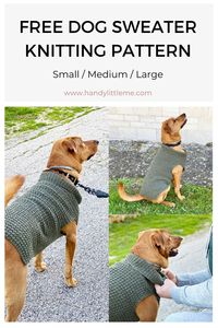 Free dog sweater knitting pattern (straight needles). This dog sweater knitting pattern is knit flat, in one piece on straight needles. Available to make in three sizes, small, medium and large. The knitted dog sweater has a textured stitch pattern too. #knitting #dogsweater #freepatterns #knittingpattern #dogjumper #dogcoat