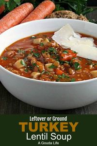 TURKEY Lentil Soup ~ leftover or ground turkey, lentils and vegetables in a rich, V-8 infused broth. #soup #turkeysoup #turkeyleftovers #thanksgivingleftovers #turkeylentilsoup #thanksgiving #thanksgivingrecipes #dinnerrecipes #onepotrecipes #healthysoup