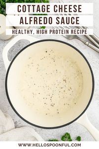 This Cottage cheese alfredo sauce tastes just like the regular stuff but is high in protein and made with healthy ingredients! Definitely give this easy recipe a try on your favorite pasta or pizza!