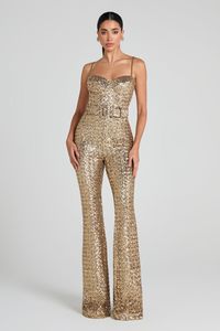 Lucinda Gold Jumpsuit Women's Clothing > Jumpsuits. DESCRIPTION &  FEATURES   LUCINDA Gold is the perfect piece for those daring to make a statement. A figure-hugging jumpsuit complete with a flared trouser. Crafted from our exclusively designed sequin. Complete with an underwire bustier to give structure and compliment your shape; It's boned to the front, back, and sides for the most comfortable cinching ever. This style comes with removable gold-look chain straps and looks equally as good pair