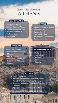 Uncover the 15 Essential Destinations in the Heart of Athens. Keep this guide handy for your next adventure in the historic capital of Greece. For additional information, follow the link⬆️ #Travel #BucketList #Adventure #Explore #HiddenGems #CityLandmarks #FreeResources #thingstodo Athens accommodations | Athens attractions | Athens activities | Greece travel | Athens parks | Greece attractions | Athens museums | Athens neighborhoods