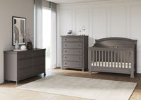 The Westgate Nursery Collection, part of Child Craft Legacy, features gorgeous arched crown molding, shaped side rails, and delicate beadwork on its 4-in-1 Convertible Crib. The Westgate Collection comes in two chic finishes - Chelsea Gray and Vintage Linen - and also includes a Double Dresser, 5-Drawer Chest, and Nightstand for a stylish, upscale nursery design.