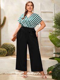 Multicolor Elegant Collar Short Sleeve Polyester Striped Culottes Embellished Slight Stretch  Plus Size Jumpsuits & Bodysuits