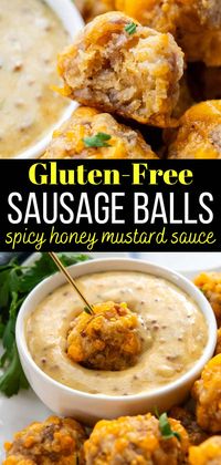 Enjoy a deliciously cheesy gluten-free sausage balls recipe without having to buy speciality ingredients! These easy sausage cheese balls require 5 simple ingredients without requiring gluten-free premade mixes, like Bisquick or pancake mix. They bake up golden and fluffy, with no greasiness, are make-ahead, freezer-friendly and include a bonus spicy sweet hot honey mustard dipping sauce!