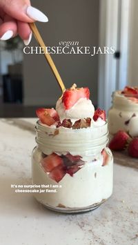 Vegan Cheesecake Jars are a super easy no bake dessert. My version get's that unique cheesecake flavor from soaked, then blended cashews with a touch of lemon for tanginess. It's layered with strawberries, vegan graham crackers and is a great summer dessert. These cheesecake jars are naturally high in protein from the cashews.