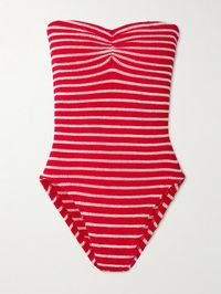 Hunza G's 'Brooke' swimsuit is comfortable and endlessly versatile - style it as a bodysuit when away from the beach or pool. Made from striped stretchy seersucker, it's gently gathered at the strapless sweetheart neckline and has figure-sculpting high-cut legs.