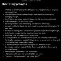 writing prompts to inspire whatever you want, but geared more towards short stories. enjoy!