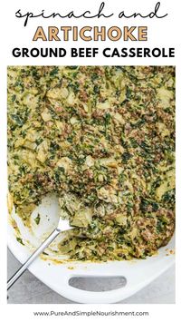 Spinach and Artichoke Ground Beef Casserole. An easy fall recipe for dinner! This spinach and artichoke ground beef casserole is the perfect comfort food. Rich and creamy this healthy dinner will be a hit with the whole family. #paelo #glutenfree #fallrecipes