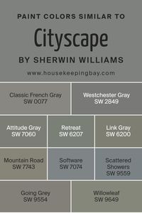 When decorating or designing, utilizing similar colors can create a harmonious and cohesive look. Colors like Cityscape SW 7067 by Sherwin Williams set a modern and sophisticated tone. Adding in shades like Classic French Gray SW 0077 softens the space with its timeless elegance, while Westchester Gray SW 2849 brings a slightly more robust gray that maintains the cool, refined palette. Attitude Gray SW 7060 introduces a deeper, more dramatic tone, perfect for accent walls or statement pieces.