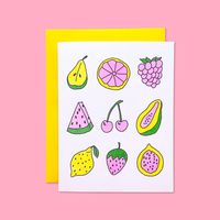 Add a little Jenny Lemons sunshine to any special occasion with this fun and quirky risograph card! Featuring a creative mix of juicy fruits, it's the perfect way to show your pals some fruity love! Who says cards can't be zesty?  What's a Risograph? It's a printing method like screen printing but done on a vintage-style office copier! It stands out for its vibrant, fluorescent colors & one-of-a-kind textures. Details:  - Blank inside - 100lb heavyweight card stock - Risograph Printed  - A2 card size- 4.25 x 5.5 inches - Vegetable and soy-based inks - Includes a contrasting yellow envelope - Original Jenny Lemons Design - Printed by hand in Alberbeque, New Mexico, USA