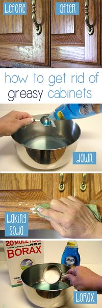 No more greasy cabinets! Here are a few different solutions that can help you get your kitchen cabinets squeaky clean: http://www.ehow.com/how_4778378_clean-grease-kitchen-cabinet-doors.html?utm_source=pinterest&utm_medium=fanpage&utm_content=inline