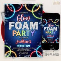 Glow Foam Party Birthday Invitation, EDITABLE Kids Neon Summer Party Invite, Boy Foam Dance, Glow in the Dark Party, Instant Download, KP280 This beautiful invite template is the perfect way to invite your guests to your party! Personalize the template through CORJL, an easy to use template editor that works in your web browser, and print it through your home printer or your local printing shop! ⭐ DEMO - try before you buy ➥ Try it right now! Just copy and paste this demo link into your web brow