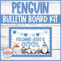 The Penguin Bulletin Board Kit is a winter bulletin board  that will help decorate your Christian school classroom or Childrens  Ministry hall at church! It helps remind kids that Jesus is cool!This set includes the following in PDF format:Instructions and ExamplesLetters for 2 phrases (Following Jesus is Cool & Reading the Bible is Cool). Each phrase comes with 2 sets: one in color and one in black & white outline.Penguin decor including 5 penguins, 1 polar bear, 2 borders, and 3 pennants