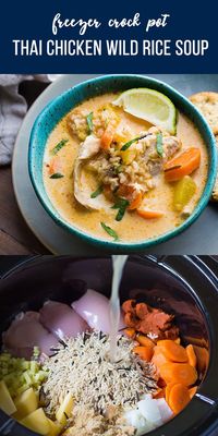 This Thai Slow Cooker Chicken and Wild Rice Soup is a twist on a classic comfort recipe.  A bit spicy, savory and sweet, and completely comforting! Freezer crock pot, crock pot freezer meal #sweetpeasandsaffron #mealprep #freezermeal