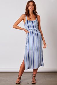 Last minute getaway invite? Don't even stress, with the super chic Palisades Blue Stripe Midi Dress you'll be all set! Medium-weight woven fabric from a sleeveless dress bodice. Striped print in three hues of blue cascades down the figure flattering, midi skirt with side slits. Bow-back tie closure on back. Partially lined.