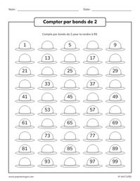 Fiche d'exercices de mathématiques sur la numération pour les élèves de la 1re année du primaire. L'élève doit écrire les nombres manquants en comptant par bonds de 2 de 1 à 99. MAT1050 #exercicesdemathématiques #ressourcespédagogiques #éducation #aideauxdevoirs #popmeninges