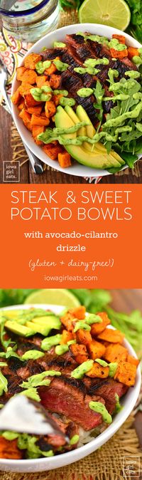 Meat and potatoes just got an upgrade! Steak and Sweet Potato Bowls with Avocado-Cilantro Drizzle are healthy, filling, and gluten-free and dairy-free, too! | iowagirleats.com