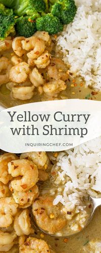 This gorgeous yellow curry is filled with fragrant spices, tender shrimp, rich coconut milk, and served over fluffy rice. This is a Thai food favorite that is incredibly easy to make at home.