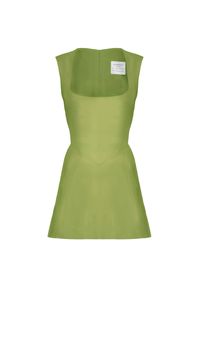 This sleeveless micro, mini dress is fitted throughout the bust with a micro mini length, a-line skirt. Featuring our signature shaped neckline with a beautiful full structured backdropped by our feature V-shaped bodice. Fastens with an invisible zip closure at centre back. This garment is made from luxurious, lightly slubbed 100% Silk Dupion. Slubbed yarn is a natural fibre and requires less processing. This technique can create textural twists & knots throughout the yarn, adding bespoke charac