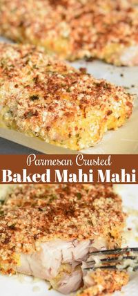 Parmesan Crusted Mahi Mahi is crusted in Parmesan herb coating and easily prepared in the oven and only takes about 10 minutes to prep and 20 minutes to bake. #fish #mahimahi #bakedfish #easydinner