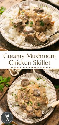 Creamy Mushroom Chicken Skillet is a one pot meal with juicy, tender chicken thighs smothered in a delicious mushroom gravy. Great served over white rice or mashed potatoes and ready in just 30 minutes!