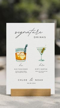 Signature Cocktails Menu for Him and Her, the perfect addition to your wedding celebration. Crafted with love and creativity, this menu highlights a selection of your special day drinks, designed to symbolize the unique personalities of you and your partner.