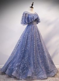 Charming Blue Shiny Tulle And Lace Long Formal Gown, Blue A-line Off Shoulder Prom Dresses on Luulla