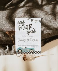 "Racing to the top of the trendiest birthday themes of the year: Need FOUR Speed! This invitation template is editable, customizable, and perfect for a race car fourth bday party. ►TRY OUT TEMPLATE BEFORE PURCHASE: Copy + Paste link in your browser https://templett.com/design/demo/INVITEDdesignCo/18279758 No special software requirements. Edit from any device. Template is ONLY editable in online TEMPLETT website. --Easily download and print completed template from TEMPLETT website. ►HOW TO ORDER  - Add listing to your cart - Download the Instant Download PDF instructional guide via Etsy - A custom link with your template will be EMAILED immediately to the address associated with your Etsy account. - Follow the link to access & edit your template via TEMPLETT application  ►SIMPLE DIRECTIONS