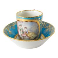 We are selling this stunning Sevres Vincennes cup and saucer. We believe this cup is called a Coffee Can and is decorate with a tete-a-tete style courting scene surrounded by elaborate gilding with jewels. The saucer has a floarl motif with elaborate gilding. Both are marked with Sevres Vincennes mark with BB date letter corresponding to 1779.  Condition: Some wear to the gilding, a few jewels are missing in the bottom of the saucer. The cup and saucer may be a marriage due to differing decorati