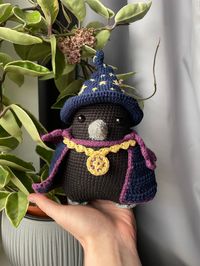 "This is a PDF Crochet/Amigurumi Pattern for a cute crow plushie who is also a wizard! All of his accessories are removable - a cute whimsical wizard hat, long cape and a star talisman. You can take them off and put them on in different ways. Plushie may look a little complicated or intimidating but pattern is written for beginners, with a lot of pictures and detailed instructions of every step. I've also included tips and tricks that you can use in other projects (like clean color change, invisible increase, invisible decrease and more!) so this can be a great project/pattern to improve crochet skills. Finished size: 20cm/7.87\" (with a hat) but it may vary depending on your yarn and hook size  Language: English (US Crochet Terminology) Skill: Beginner+/intermediate"