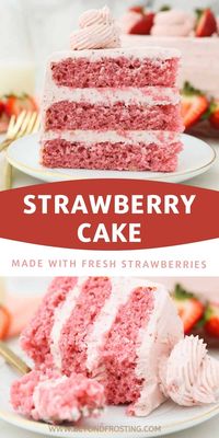 Strawberry Cake with Strawberry Frosting is moist, fluffy, and naturally flavored with real strawberries for a refreshing summer dessert!